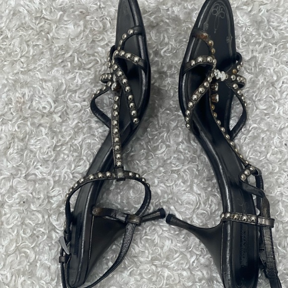 Prada Grey Metallic Studded Leather T Strap Sandals Size 39.5 - Picture 5 of 12